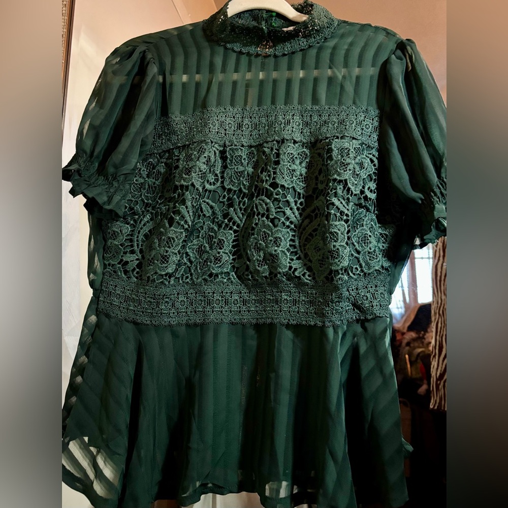 Haute Monde Forest Green Lace Ruffle Sleeve Blouse